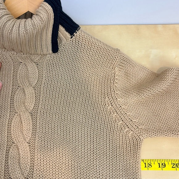 Cleo Cable Knit Split Turtleneck Sweater Camel Navy Trim Cozy Knit - Picture 9 of 11